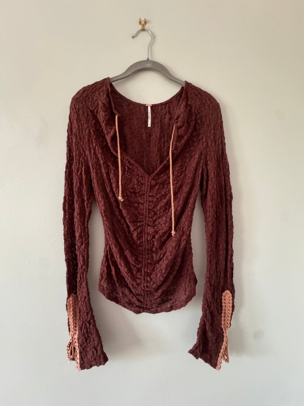 Free People Burgundy Lace Bell Sleeve Top